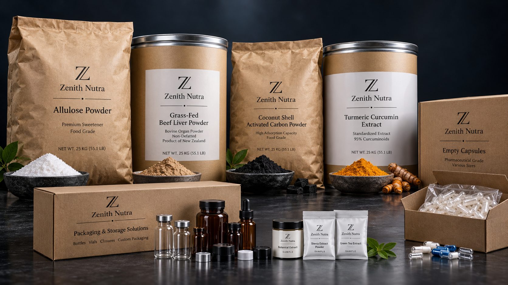 Bulk nutraceutical ingredients and packaging supplied by Zenith Nutra Products